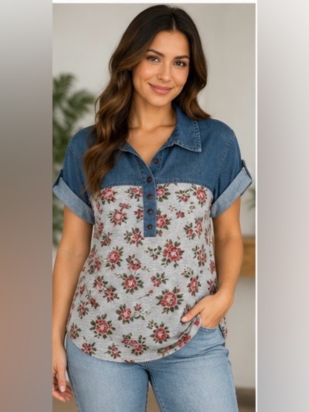 Cap Sleeve Denim-look Yoke Floral Body Knit top w/ button front placket - Size 1